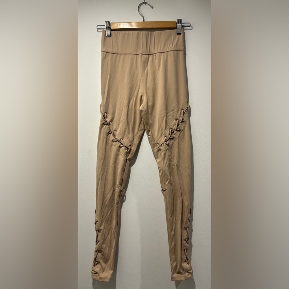 Carbon38 Tan High-Waisted Leggings with Lace-Up Detail Size S